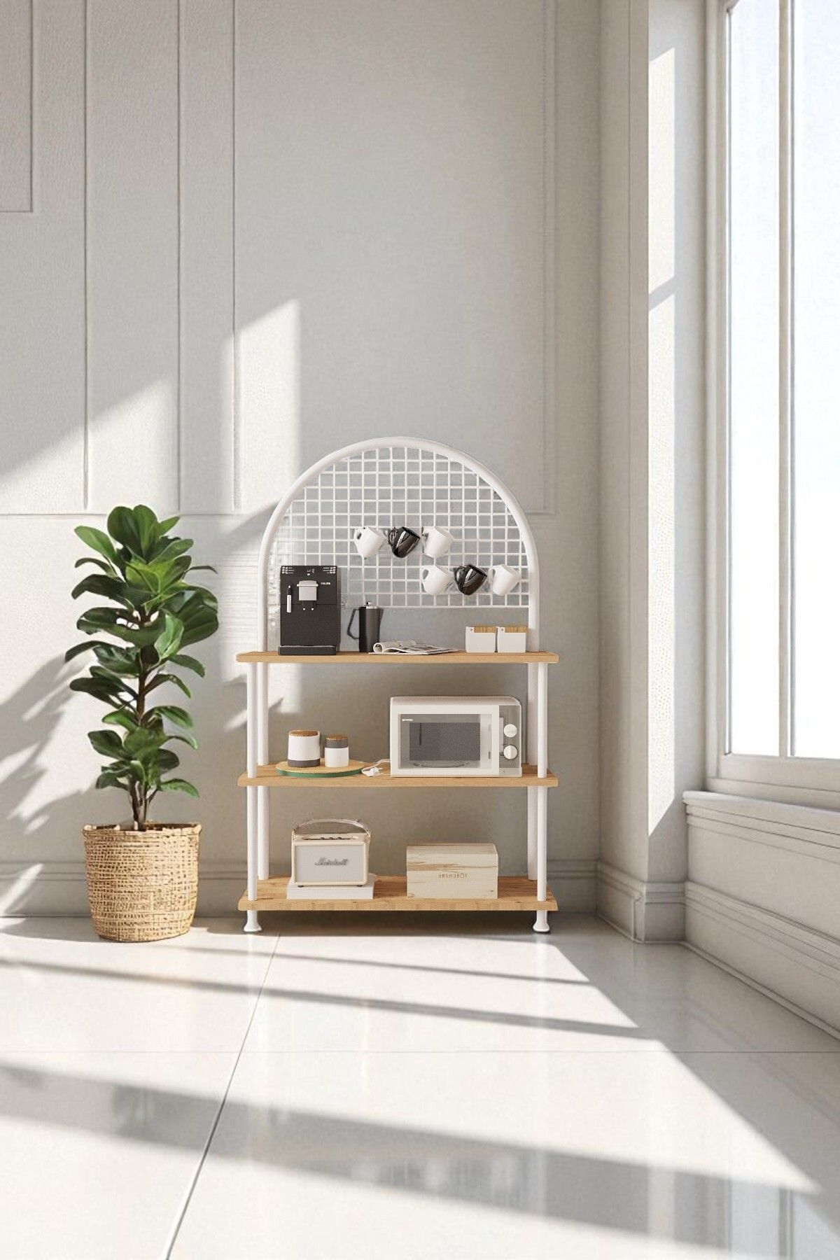 Çevir Kur Çok Amaçlı Kahve Köşesi Dolabı | 3 Raflı Mutfak Standı & Düzenleyici Dolap 71x134x35 cm Atlantik Çam - Beyaz Demir