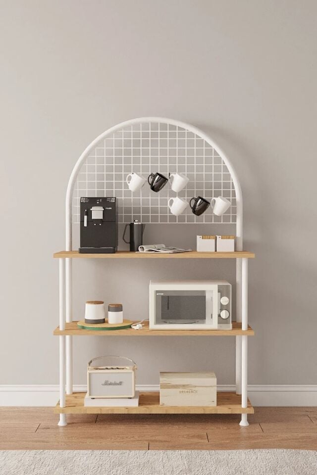 Mobitopya Çevir Kur Çok Amaçlı Kahve Köşesi Dolabı | 3 Raflı Mutfak Standı & Düzenleyici Dolap 71x134x35 cm Atlantik Çam - Beyaz Demir