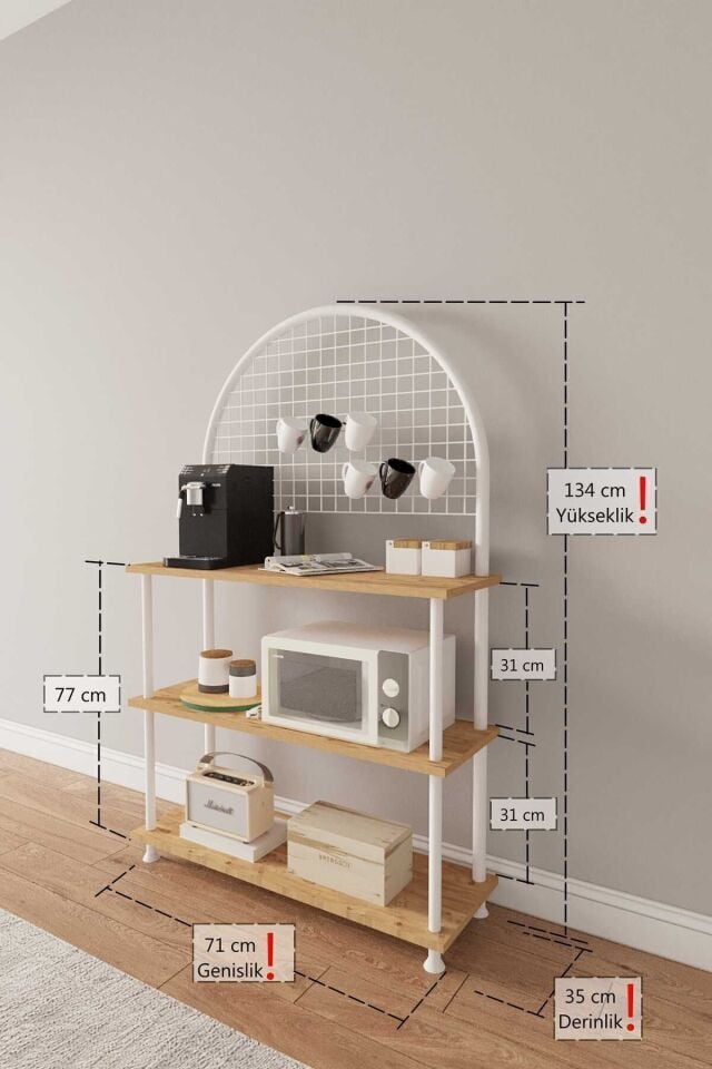 Mobitopya Çevir Kur Çok Amaçlı Kahve Köşesi Dolabı | 3 Raflı Mutfak Standı & Düzenleyici Dolap 71x134x35 cm Atlantik Çam - Beyaz Demir