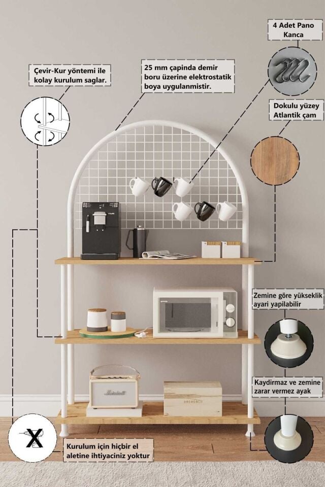 Mobitopya Çevir Kur Çok Amaçlı Kahve Köşesi Dolabı | 3 Raflı Mutfak Standı & Düzenleyici Dolap 71x134x35 cm Atlantik Çam - Beyaz Demir