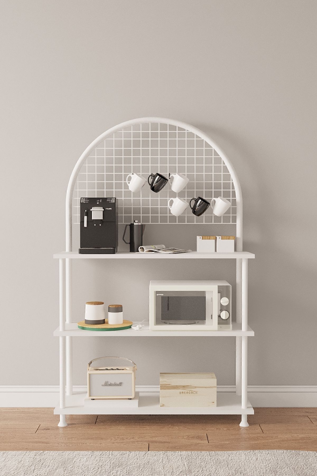 Mobitopya Çevir Kur Çok Amaçlı Kahve Köşesi Dolabı | 3 Raflı Mutfak Standı & Düzenleyici Dolap 71x134x35 cm Beyaz - Beyaz Demir