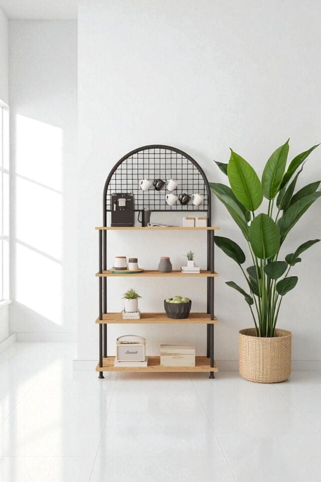 Mobitopya Çevir Kur 4 Raflı Kahve Köşesi Dolabı | Mutfak Düzenleyici Stand & Raf Ünitesi 71x167x35 cm Atlantik Çam - Siyah Demir