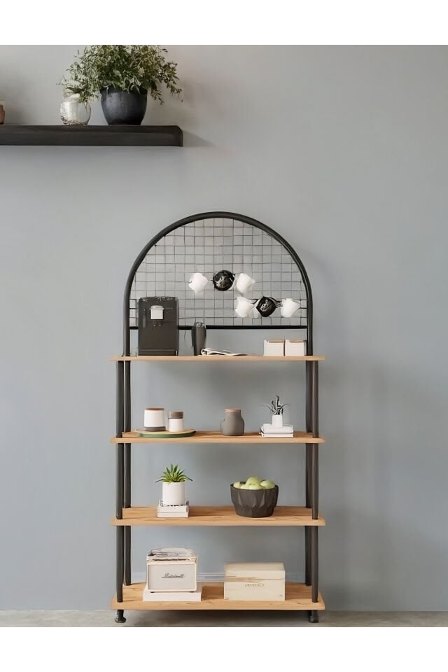 Mobitopya Çevir Kur 4 Raflı Kahve Köşesi Dolabı | Mutfak Düzenleyici Stand & Raf Ünitesi 71x167x35 cm Atlantik Çam - Siyah Demir