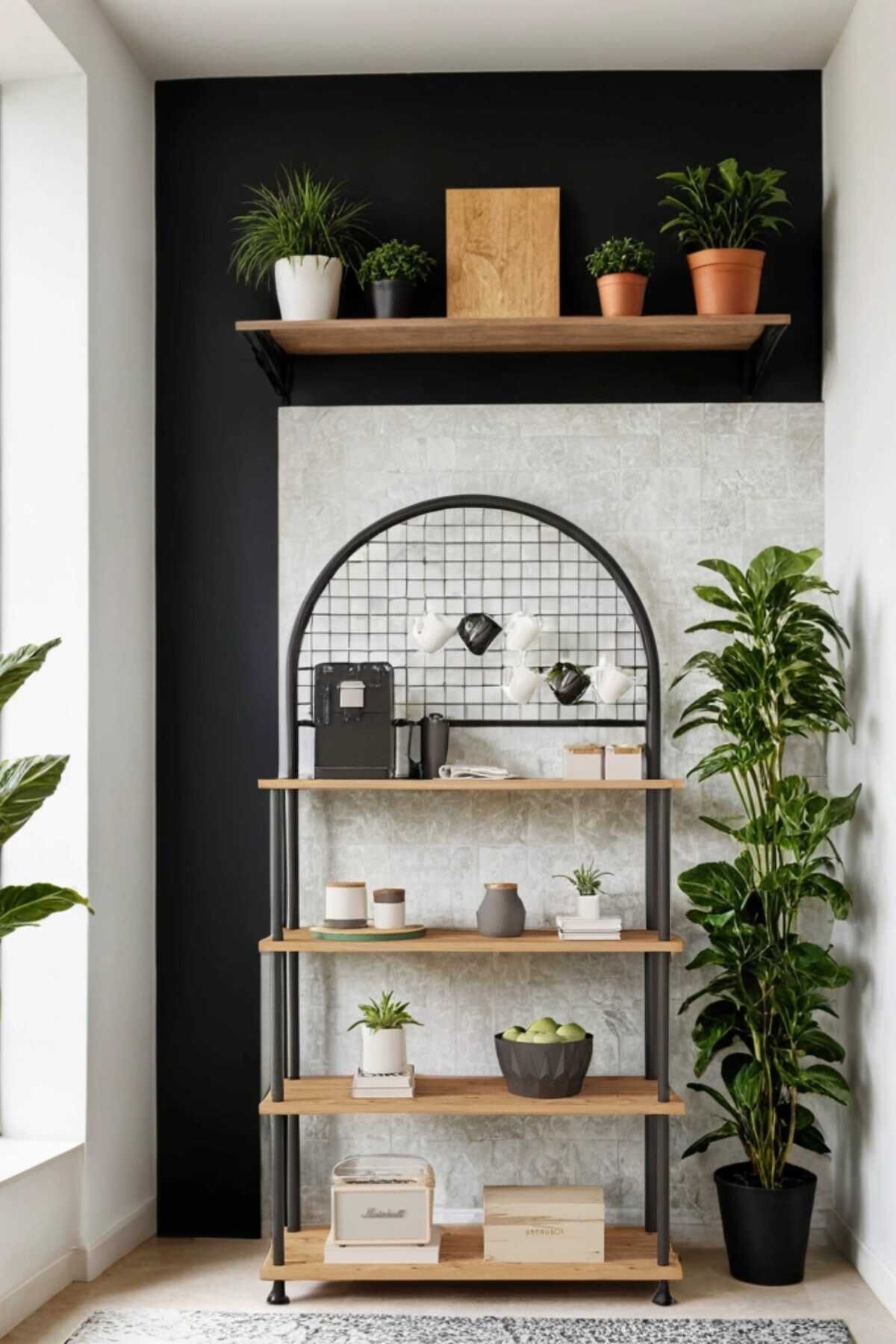 Mobitopya Çevir Kur 4 Raflı Kahve Köşesi Dolabı | Mutfak Düzenleyici Stand & Raf Ünitesi 71x167x35 cm Atlantik Çam - Siyah Demir