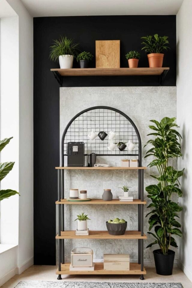 Mobitopya Çevir Kur 4 Raflı Kahve Köşesi Dolabı | Mutfak Düzenleyici Stand & Raf Ünitesi 71x167x35 cm Atlantik Çam - Siyah Demir