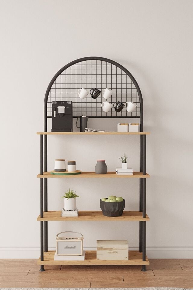 Mobitopya Çevir Kur 4 Raflı Kahve Köşesi Dolabı | Mutfak Düzenleyici Stand & Raf Ünitesi 71x167x35 cm Atlantik Çam - Siyah Demir