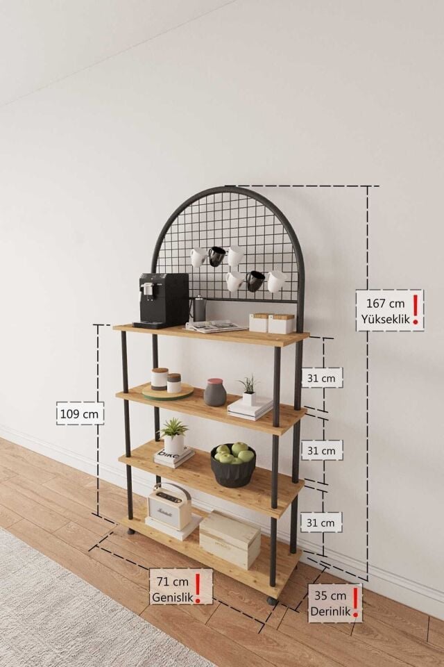Mobitopya Çevir Kur 4 Raflı Kahve Köşesi Dolabı | Mutfak Düzenleyici Stand & Raf Ünitesi 71x167x35 cm Atlantik Çam - Siyah Demir