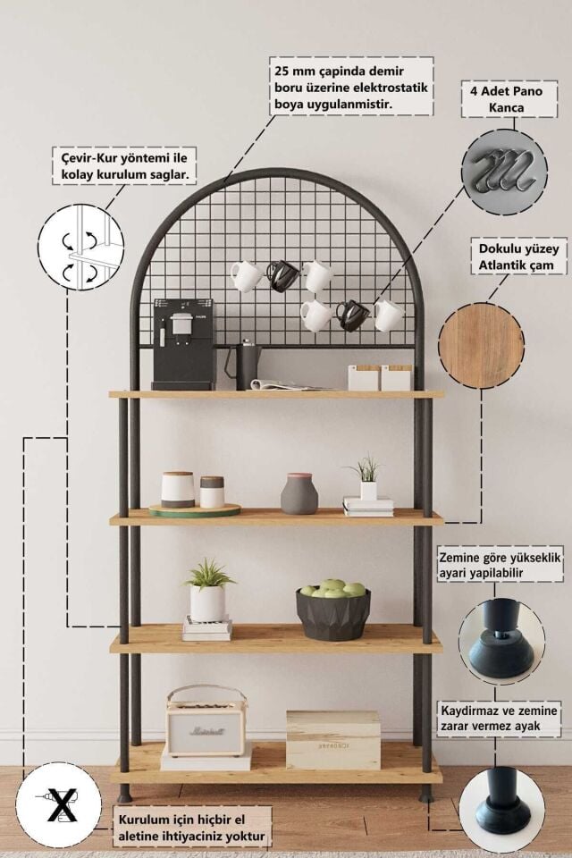 Mobitopya Çevir Kur 4 Raflı Kahve Köşesi Dolabı | Mutfak Düzenleyici Stand & Raf Ünitesi 71x167x35 cm Atlantik Çam - Siyah Demir