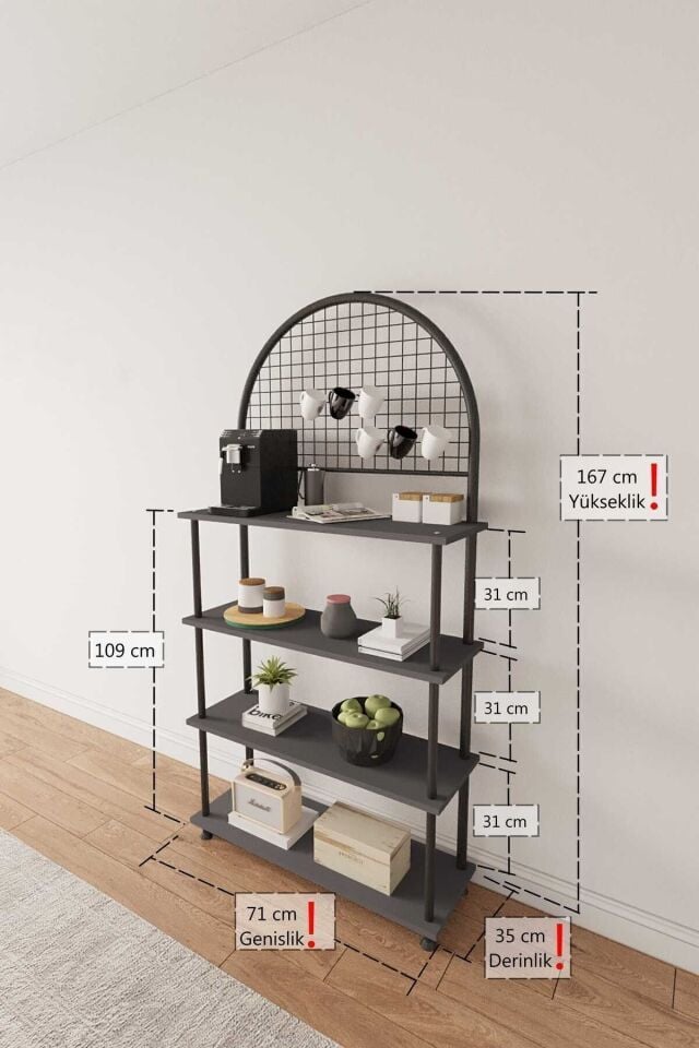 Mobitopya Çevir Kur 4 Raflı Kahve Köşesi Dolabı | Mutfak Düzenleyici Stand & Raf Ünitesi 71x167x35 cm Antrasit