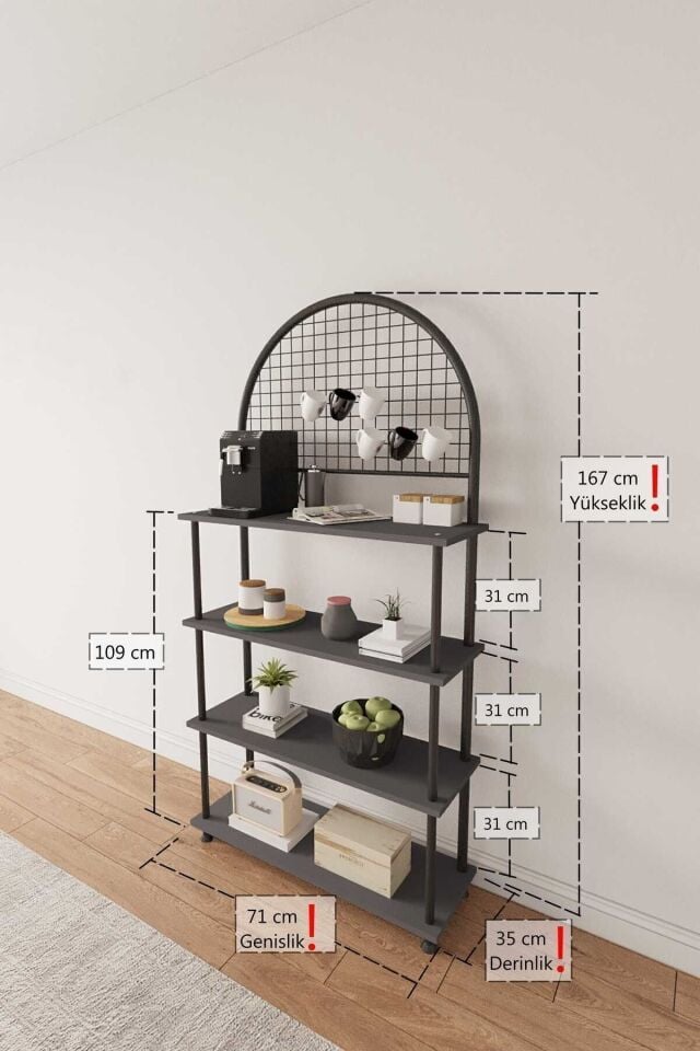 Çevir Kur 4 Raflı Kahve Köşesi Dolabı | Mutfak Düzenleyici Stand & Raf Ünitesi 71x167x35 cm Antrasit