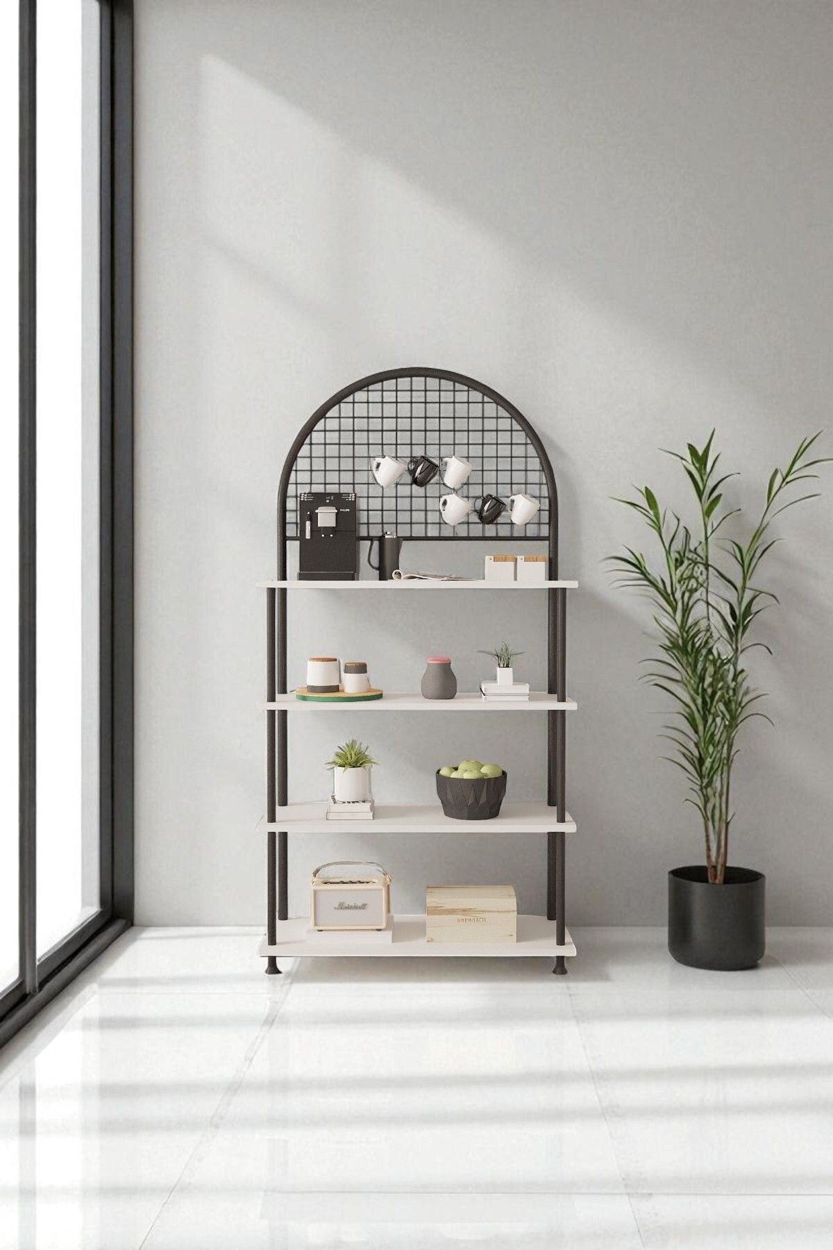 Mobitopya Çevir Kur 4 Raflı Kahve Köşesi Dolabı | Mutfak Düzenleyici Stand & Raf Ünitesi 71x167x35 cm Beyaz - Siyah Demir