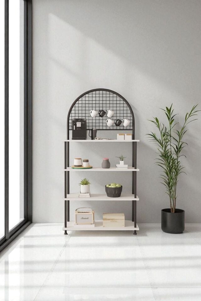 Mobitopya Çevir Kur 4 Raflı Kahve Köşesi Dolabı | Mutfak Düzenleyici Stand & Raf Ünitesi 71x167x35 cm Beyaz - Siyah Demir