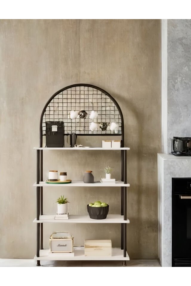 Mobitopya Çevir Kur 4 Raflı Kahve Köşesi Dolabı | Mutfak Düzenleyici Stand & Raf Ünitesi 71x167x35 cm Beyaz - Siyah Demir