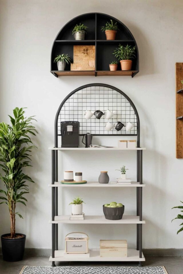 Mobitopya Çevir Kur 4 Raflı Kahve Köşesi Dolabı | Mutfak Düzenleyici Stand & Raf Ünitesi 71x167x35 cm Beyaz - Siyah Demir