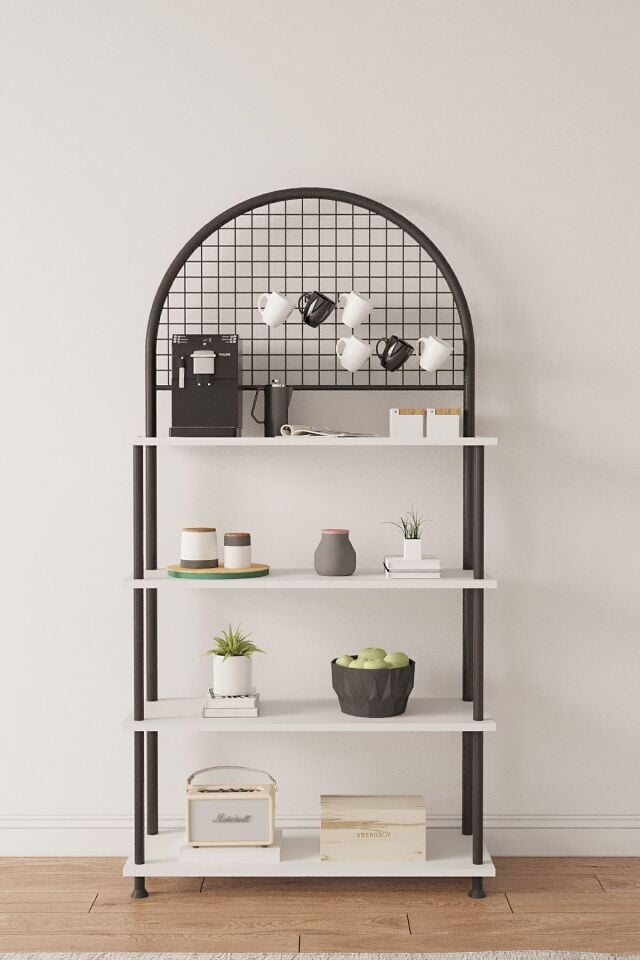 Mobitopya Çevir Kur 4 Raflı Kahve Köşesi Dolabı | Mutfak Düzenleyici Stand & Raf Ünitesi 71x167x35 cm Beyaz - Siyah Demir