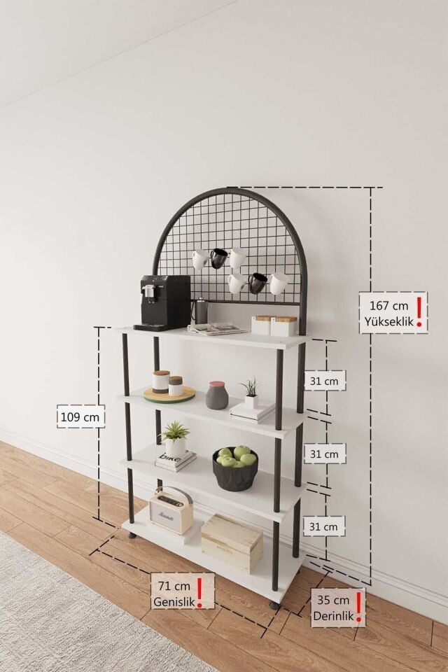 Mobitopya Çevir Kur 4 Raflı Kahve Köşesi Dolabı | Mutfak Düzenleyici Stand & Raf Ünitesi 71x167x35 cm Beyaz - Siyah Demir