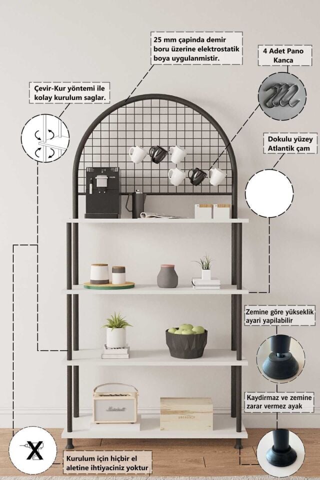 Mobitopya Çevir Kur 4 Raflı Kahve Köşesi Dolabı | Mutfak Düzenleyici Stand & Raf Ünitesi 71x167x35 cm Beyaz - Siyah Demir