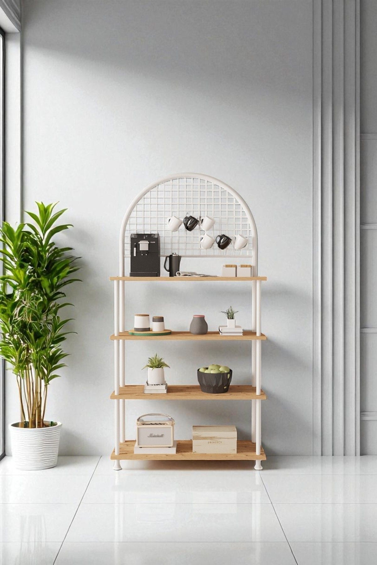 Mobitopya Çevir Kur 4 Raflı Kahve Köşesi Dolabı | Mutfak Düzenleyici Stand & Raf Ünitesi 71x167x35 cm Atlantik Çam - Beyaz Demir