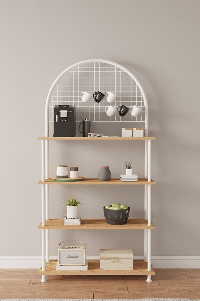 Mobitopya Çevir Kur 4 Raflı Kahve Köşesi Dolabı | Mutfak Düzenleyici Stand & Raf Ünitesi 71x167x35 cm Atlantik Çam - Beyaz Demir
