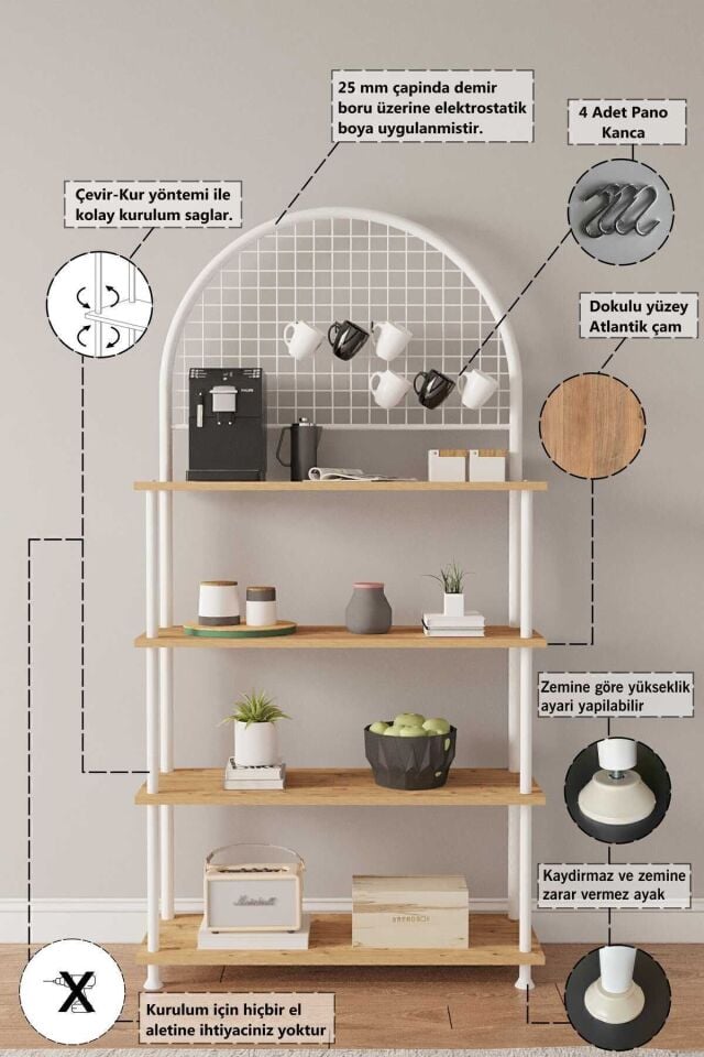 Mobitopya Çevir Kur 4 Raflı Kahve Köşesi Dolabı | Mutfak Düzenleyici Stand & Raf Ünitesi 71x167x35 cm Atlantik Çam - Beyaz Demir