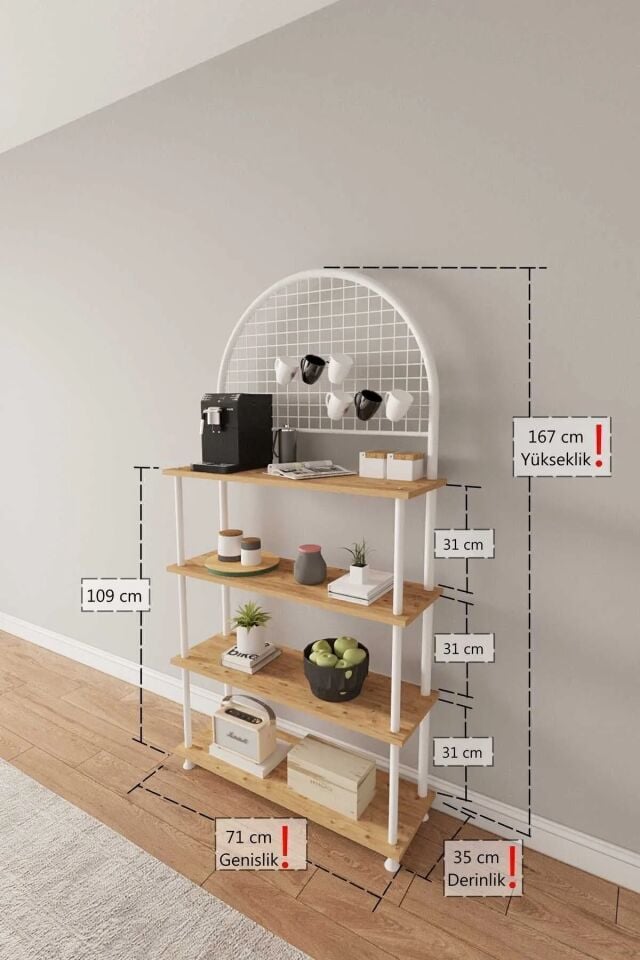 Mobitopya Çevir Kur 4 Raflı Kahve Köşesi Dolabı | Mutfak Düzenleyici Stand & Raf Ünitesi 71x167x35 cm Atlantik Çam - Beyaz Demir