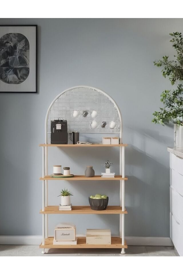 Çevir Kur 4 Raflı Kahve Köşesi Dolabı | Mutfak Düzenleyici Stand & Raf Ünitesi 71x167x35 cm Atlantik Çam - Beyaz Demir