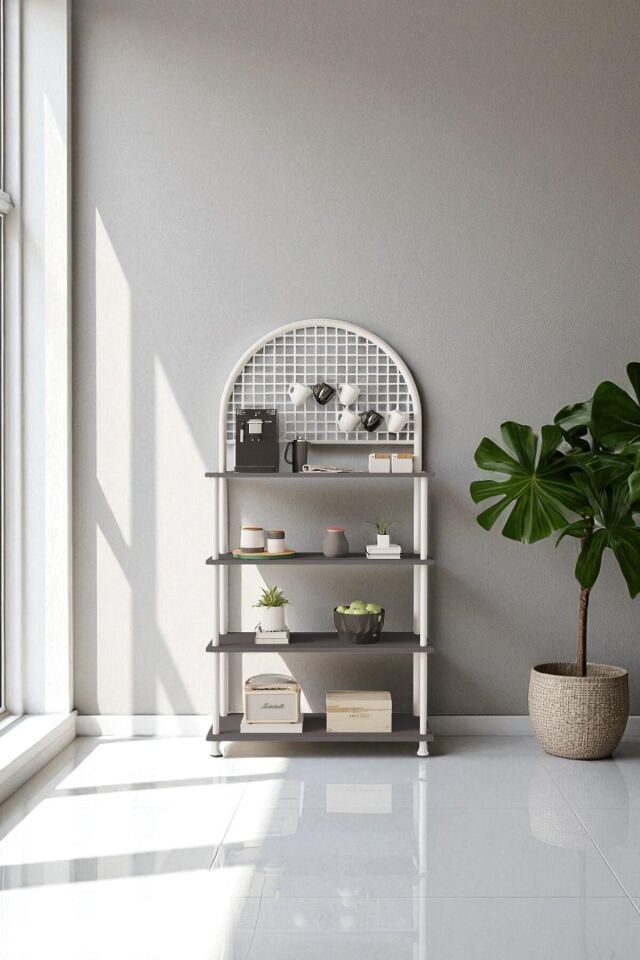 Mobitopya Çevir Kur 4 Raflı Kahve Köşesi Dolabı | Mutfak Düzenleyici Stand & Raf Ünitesi 71x167x35 cm Antrasit - Beyaz Demir