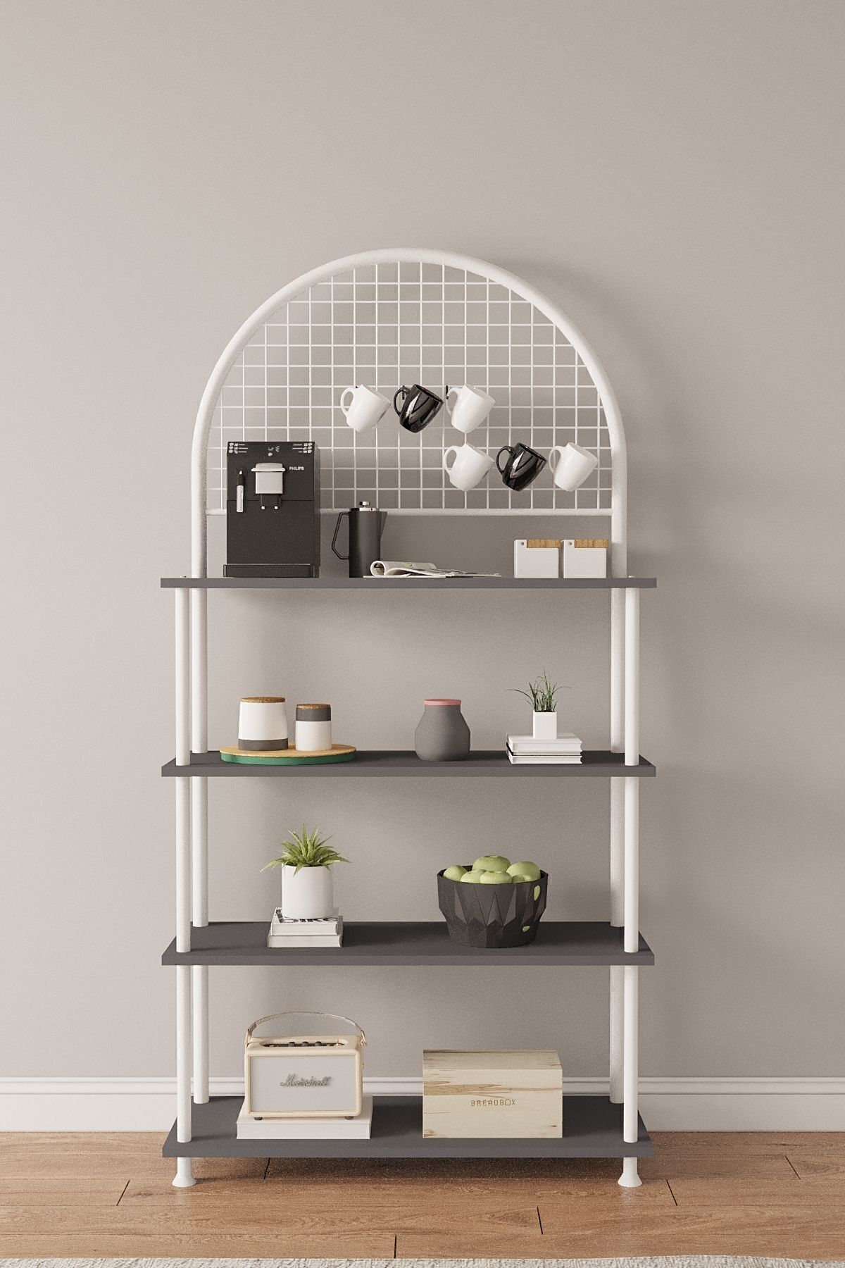 Mobitopya Çevir Kur 4 Raflı Kahve Köşesi Dolabı | Mutfak Düzenleyici Stand & Raf Ünitesi 71x167x35 cm Antrasit - Beyaz Demir