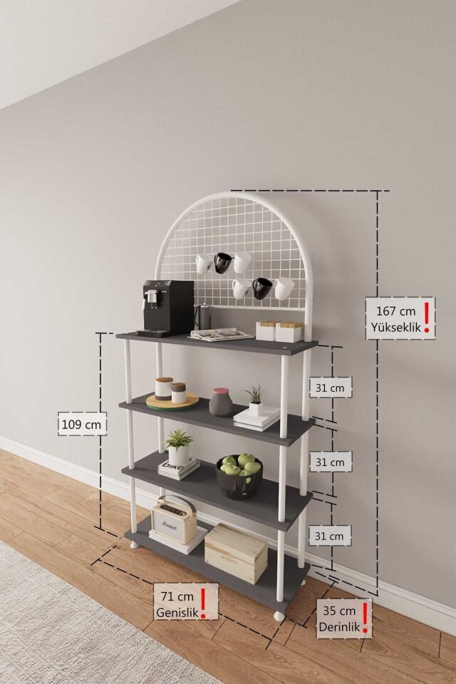 Mobitopya Çevir Kur 4 Raflı Kahve Köşesi Dolabı | Mutfak Düzenleyici Stand & Raf Ünitesi 71x167x35 cm Antrasit - Beyaz Demir