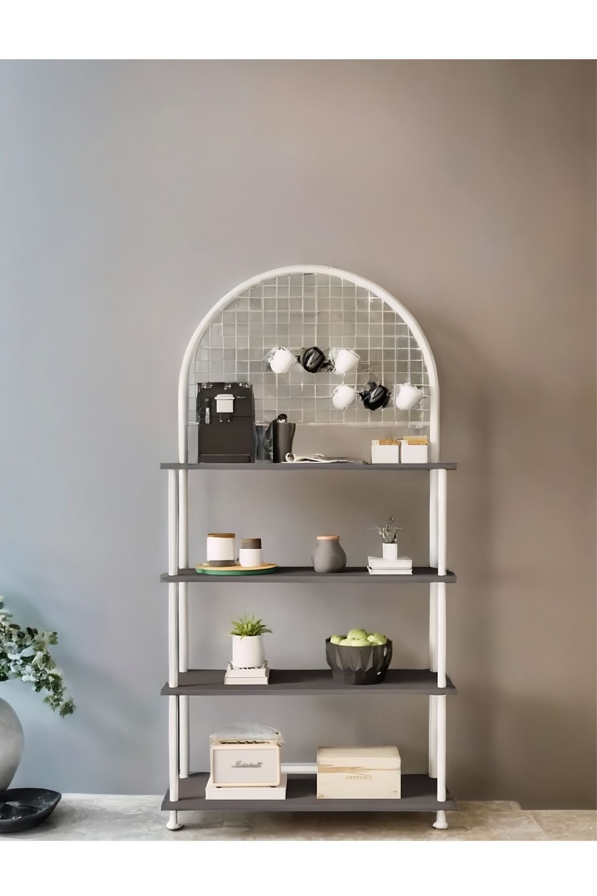 Çevir Kur 4 Raflı Kahve Köşesi Dolabı | Mutfak Düzenleyici Stand & Raf Ünitesi 71x167x35 cm Antrasit - Beyaz Demir