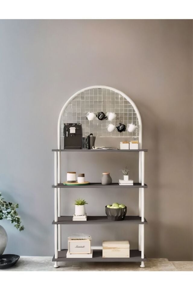 Çevir Kur 4 Raflı Kahve Köşesi Dolabı | Mutfak Düzenleyici Stand & Raf Ünitesi 71x167x35 cm Antrasit - Beyaz Demir