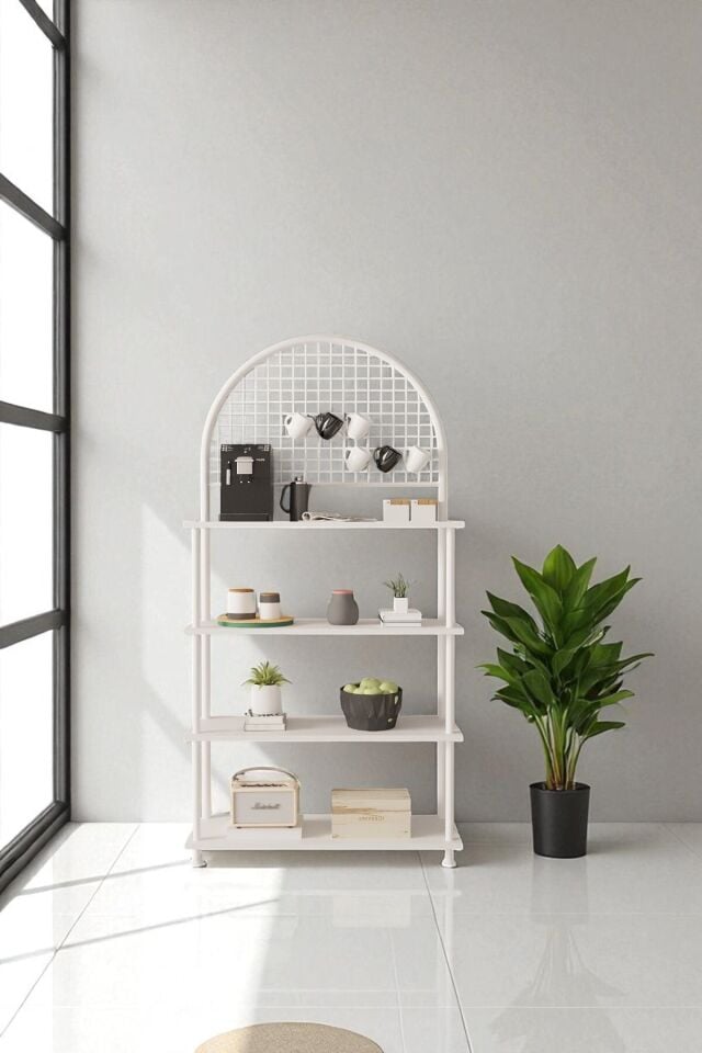 Mobitopya Çevir Kur 4 Raflı Kahve Köşesi Dolabı | Mutfak Düzenleyici Stand & Raf Ünitesi 71x167x35 cm Beyaz - Beyaz Demir
