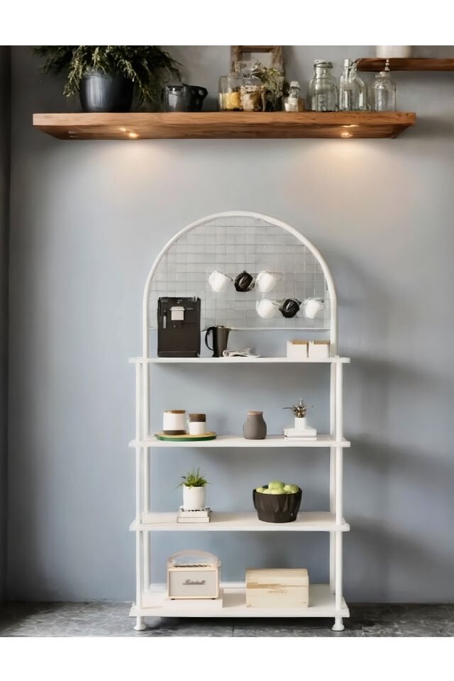 Mobitopya Çevir Kur 4 Raflı Kahve Köşesi Dolabı | Mutfak Düzenleyici Stand & Raf Ünitesi 71x167x35 cm Beyaz - Beyaz Demir