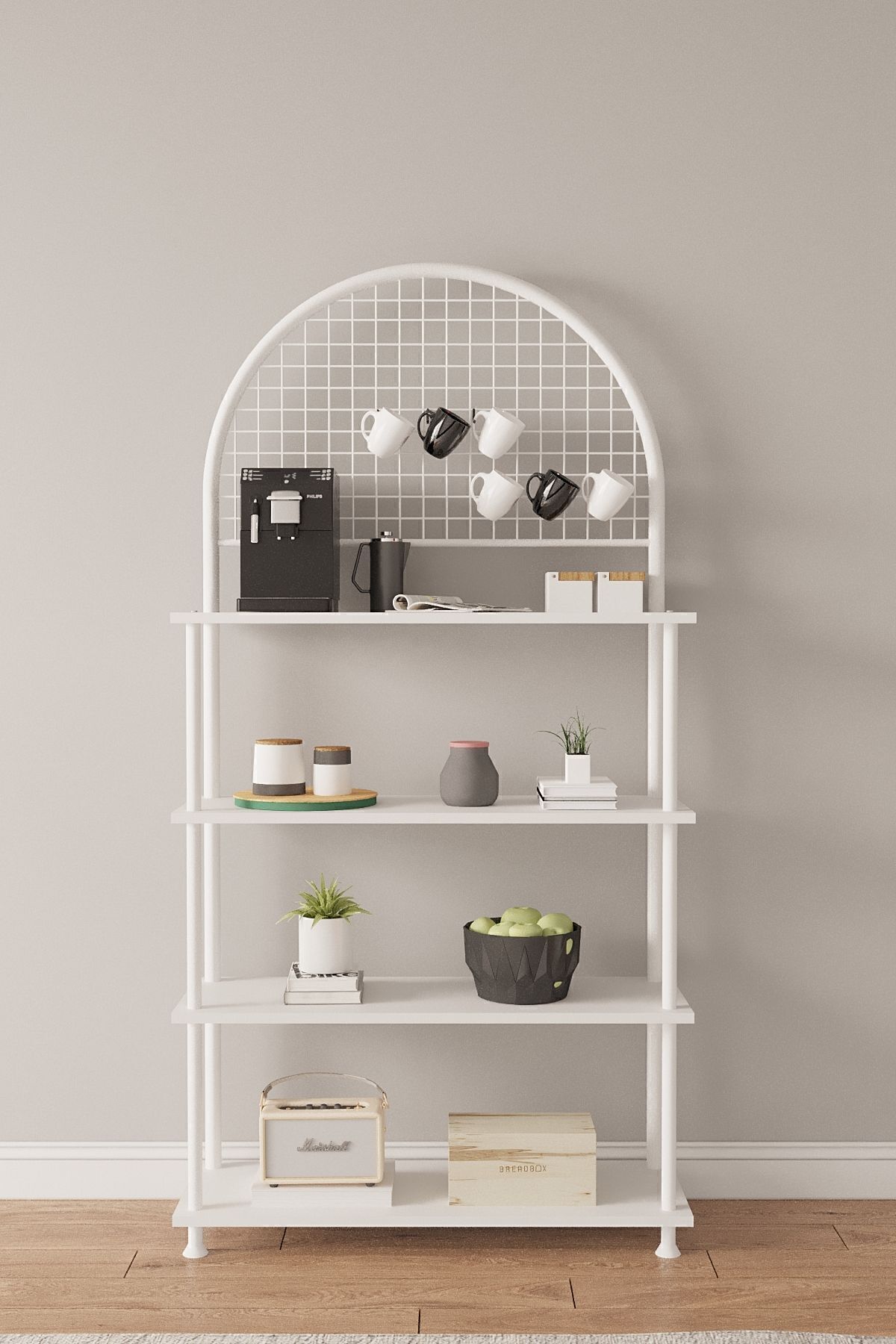 Mobitopya Çevir Kur 4 Raflı Kahve Köşesi Dolabı | Mutfak Düzenleyici Stand & Raf Ünitesi 71x167x35 cm Beyaz - Beyaz Demir