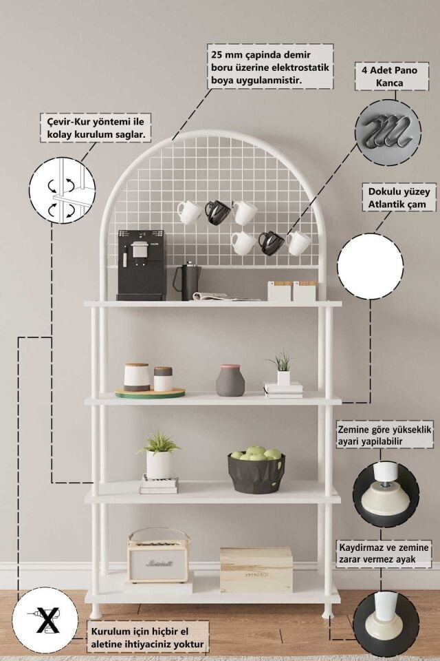 Mobitopya Çevir Kur 4 Raflı Kahve Köşesi Dolabı | Mutfak Düzenleyici Stand & Raf Ünitesi 71x167x35 cm Beyaz - Beyaz Demir