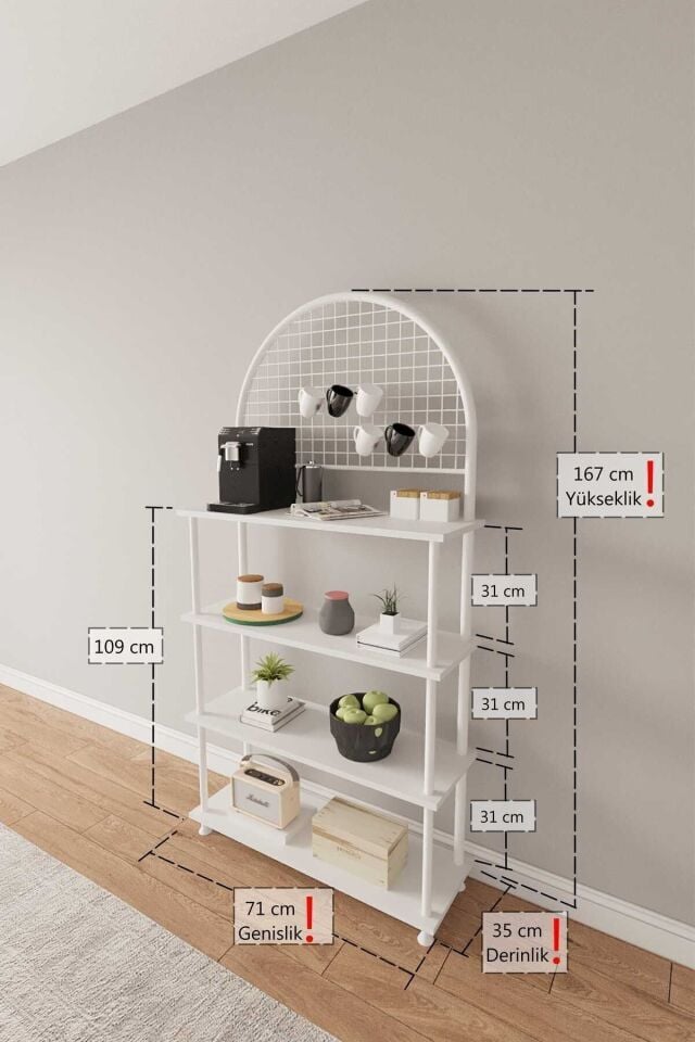 Mobitopya Çevir Kur 4 Raflı Kahve Köşesi Dolabı | Mutfak Düzenleyici Stand & Raf Ünitesi 71x167x35 cm Beyaz - Beyaz Demir