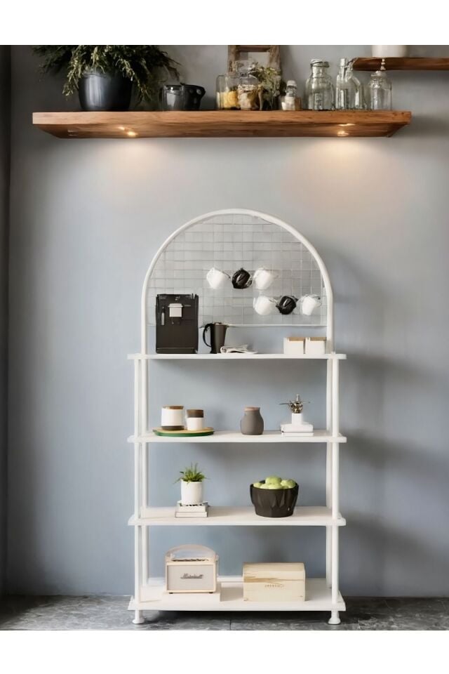 Çevir Kur 4 Raflı Kahve Köşesi Dolabı | Mutfak Düzenleyici Stand & Raf Ünitesi 71x167x35 cm Beyaz - Beyaz Demir