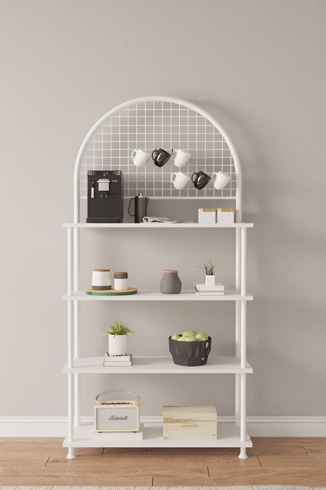 Çevir Kur 4 Raflı Kahve Köşesi Dolabı | Mutfak Düzenleyici Stand & Raf Ünitesi 71x167x35 cm Beyaz - Beyaz Demir