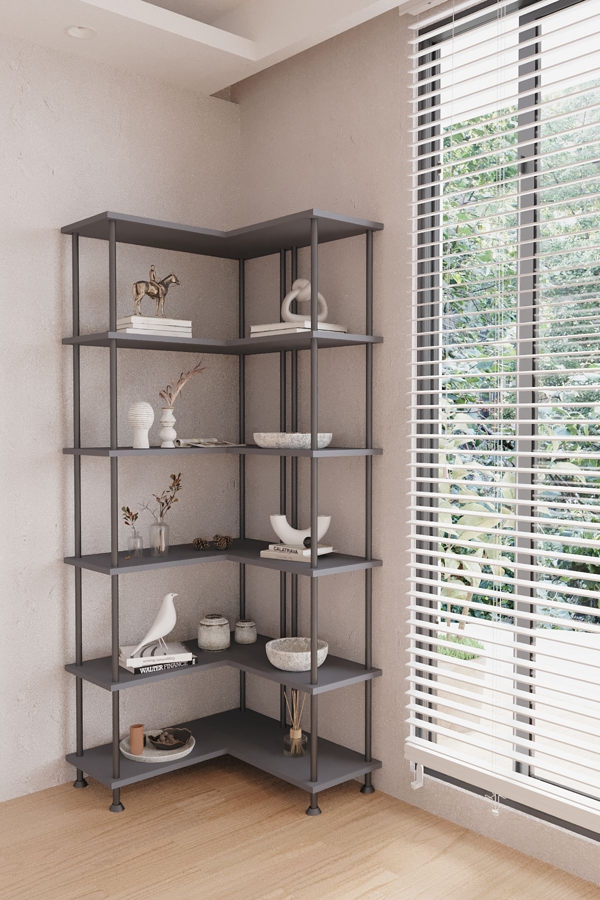Mobitopya Çevir Köşe Kitaplık | Modern Çok Amaçlı Dekoratif Raf Ünitesi 71×74×177 Cm Antrasit