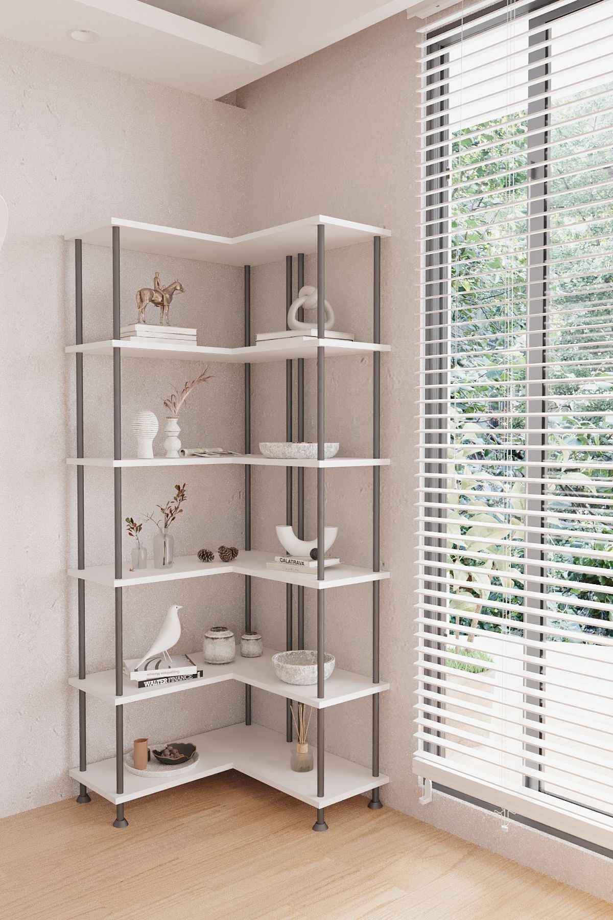 Mobitopya Çevir Köşe Kitaplık | Modern Çok Amaçlı Dekoratif Raf Ünitesi 71×74×177 Cm Beyaz - Siyah Demir