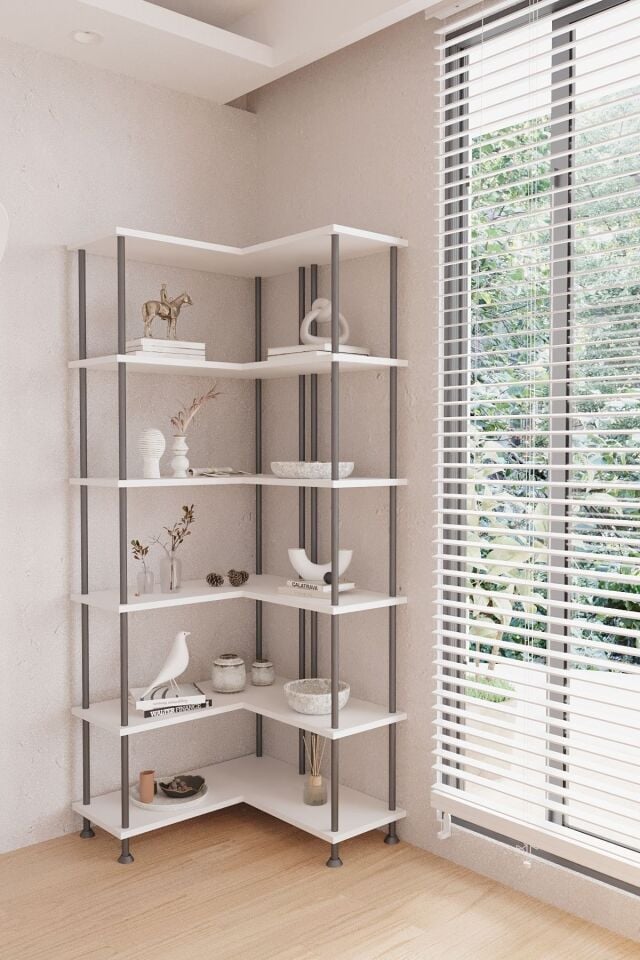 Mobitopya Çevir Köşe Kitaplık | Modern Çok Amaçlı Dekoratif Raf Ünitesi 71×74×177 Cm Beyaz - Siyah Demir