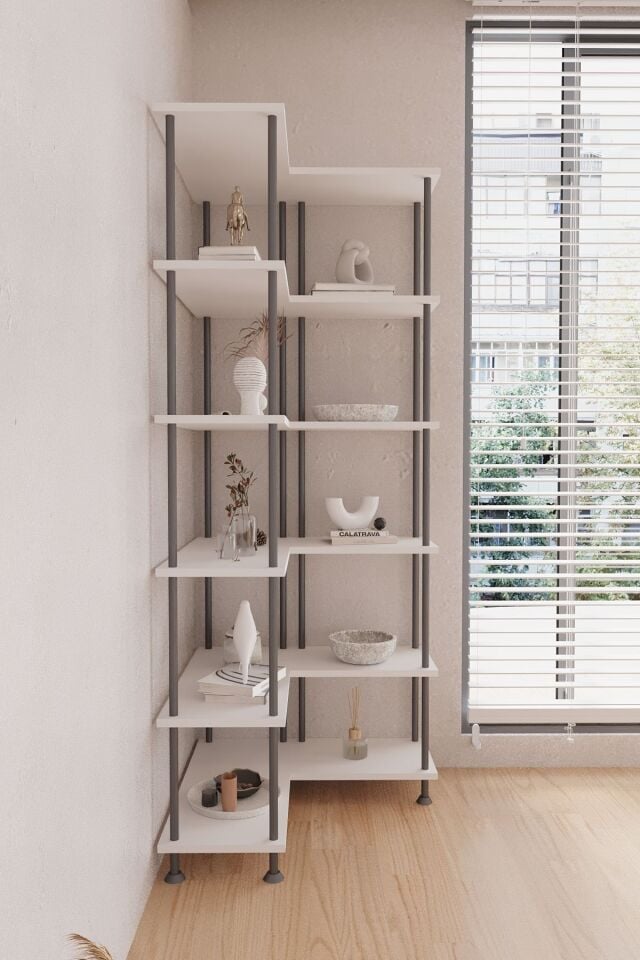 Mobitopya Çevir Köşe Kitaplık | Modern Çok Amaçlı Dekoratif Raf Ünitesi 71×74×177 Cm Beyaz - Siyah Demir