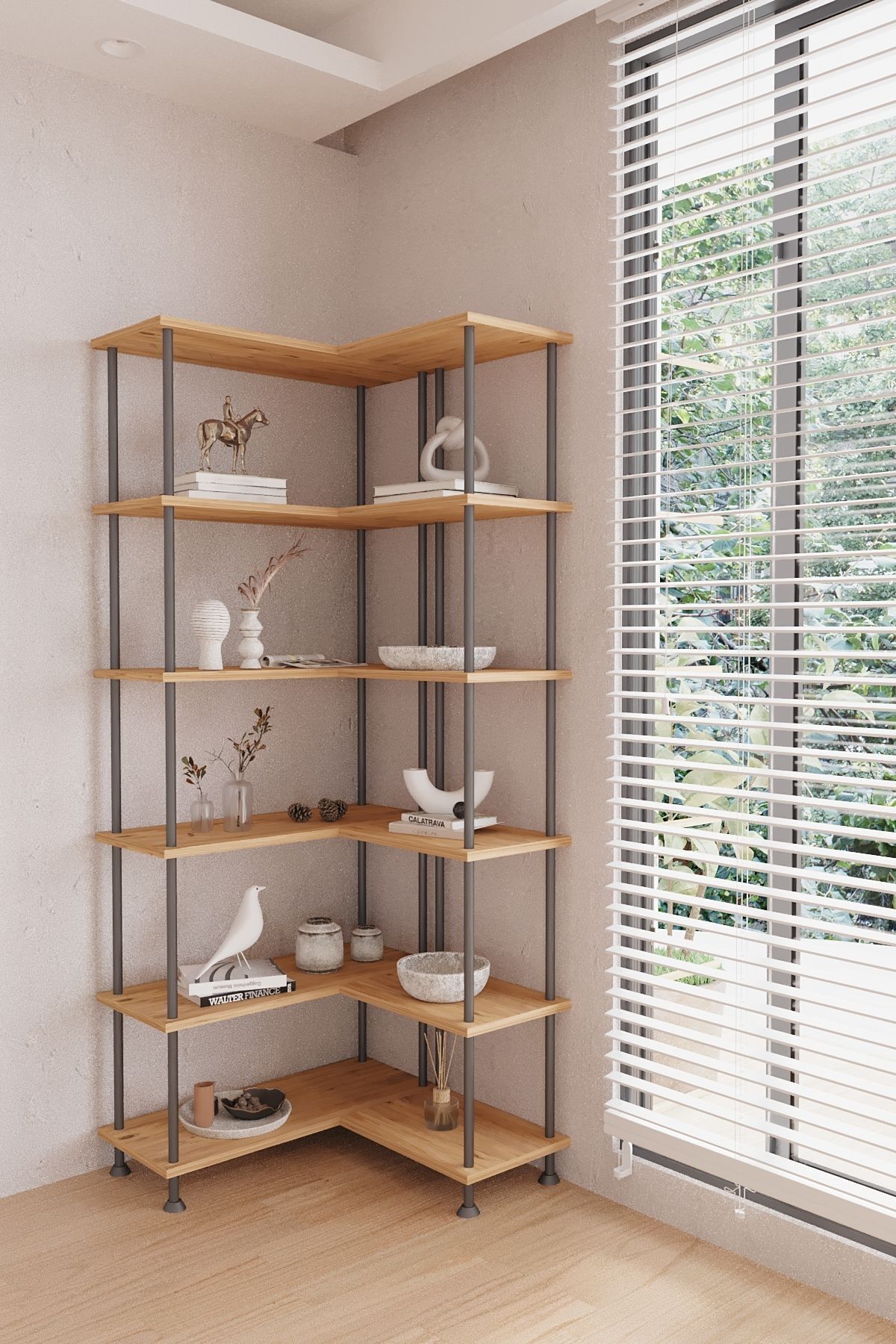 Mobitopya Çevir Köşe Kitaplık | Modern Çok Amaçlı Dekoratif Raf Ünitesi 71×74×177 Cm Atlantik Çam - Siyah Demir