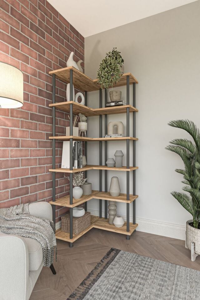 Mobitopya Çevir Köşe Kitaplık | Modern Çok Amaçlı Dekoratif Raf Ünitesi 71×74×177 Cm Atlantik Çam - Siyah Demir