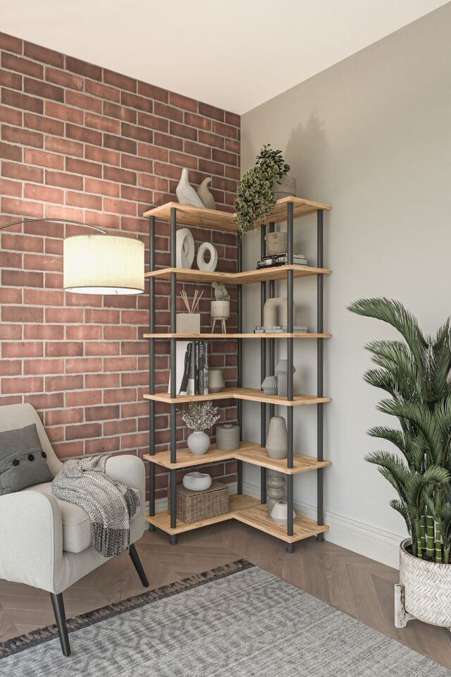 Mobitopya Çevir Köşe Kitaplık | Modern Çok Amaçlı Dekoratif Raf Ünitesi 71×74×177 Cm Atlantik Çam - Siyah Demir