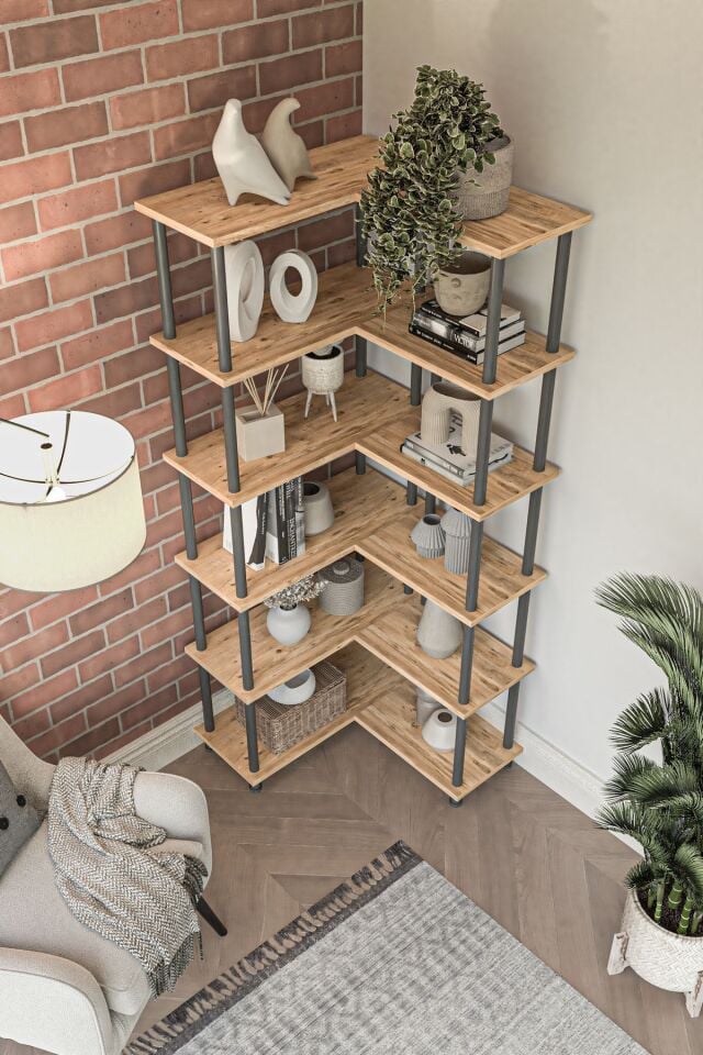 Mobitopya Çevir Köşe Kitaplık | Modern Çok Amaçlı Dekoratif Raf Ünitesi 71×74×177 Cm Atlantik Çam - Siyah Demir