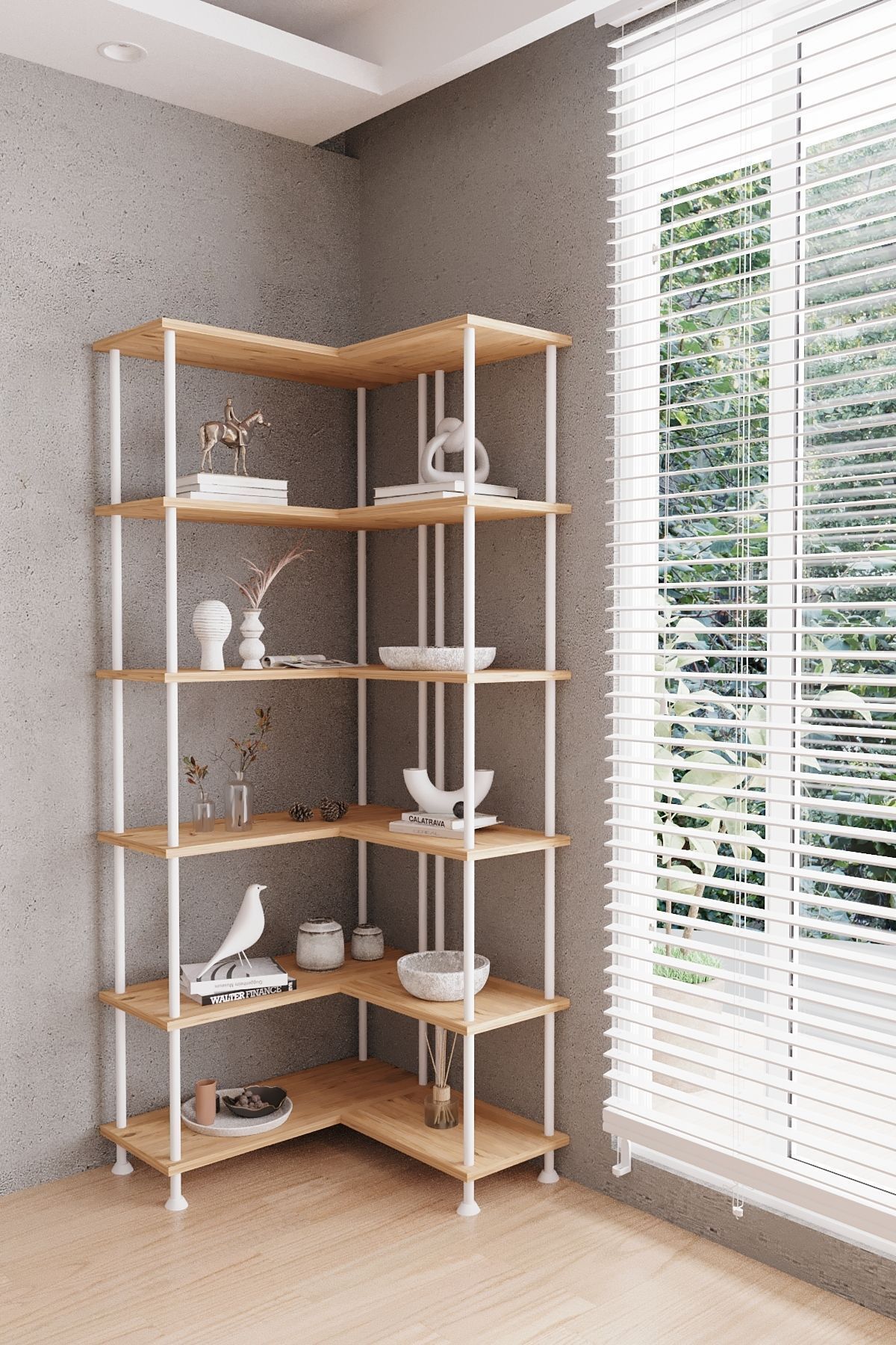 Mobitopya Çevir Köşe Kitaplık | Modern Çok Amaçlı Dekoratif Raf Ünitesi 71×74×177 Cm Atlantik Çam - Beyaz Demir