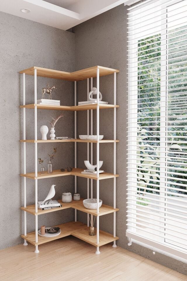 Mobitopya Çevir Köşe Kitaplık | Modern Çok Amaçlı Dekoratif Raf Ünitesi 71×74×177 Cm Atlantik Çam - Beyaz Demir