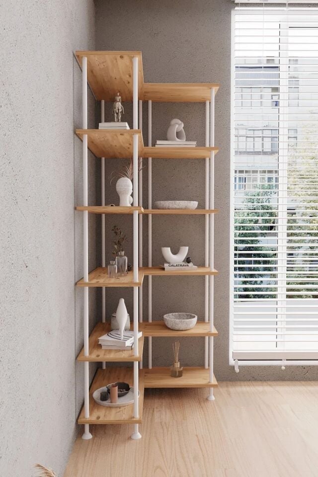 Mobitopya Çevir Köşe Kitaplık | Modern Çok Amaçlı Dekoratif Raf Ünitesi 71×74×177 Cm Atlantik Çam - Beyaz Demir