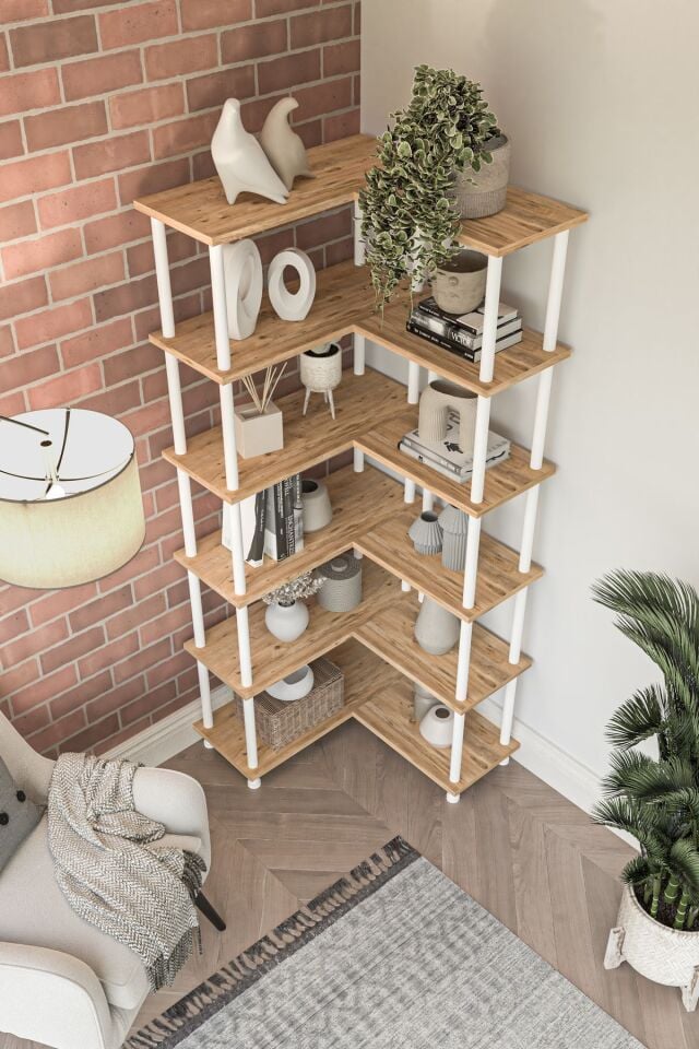 Mobitopya Çevir Köşe Kitaplık | Modern Çok Amaçlı Dekoratif Raf Ünitesi 71×74×177 Cm Atlantik Çam - Beyaz Demir